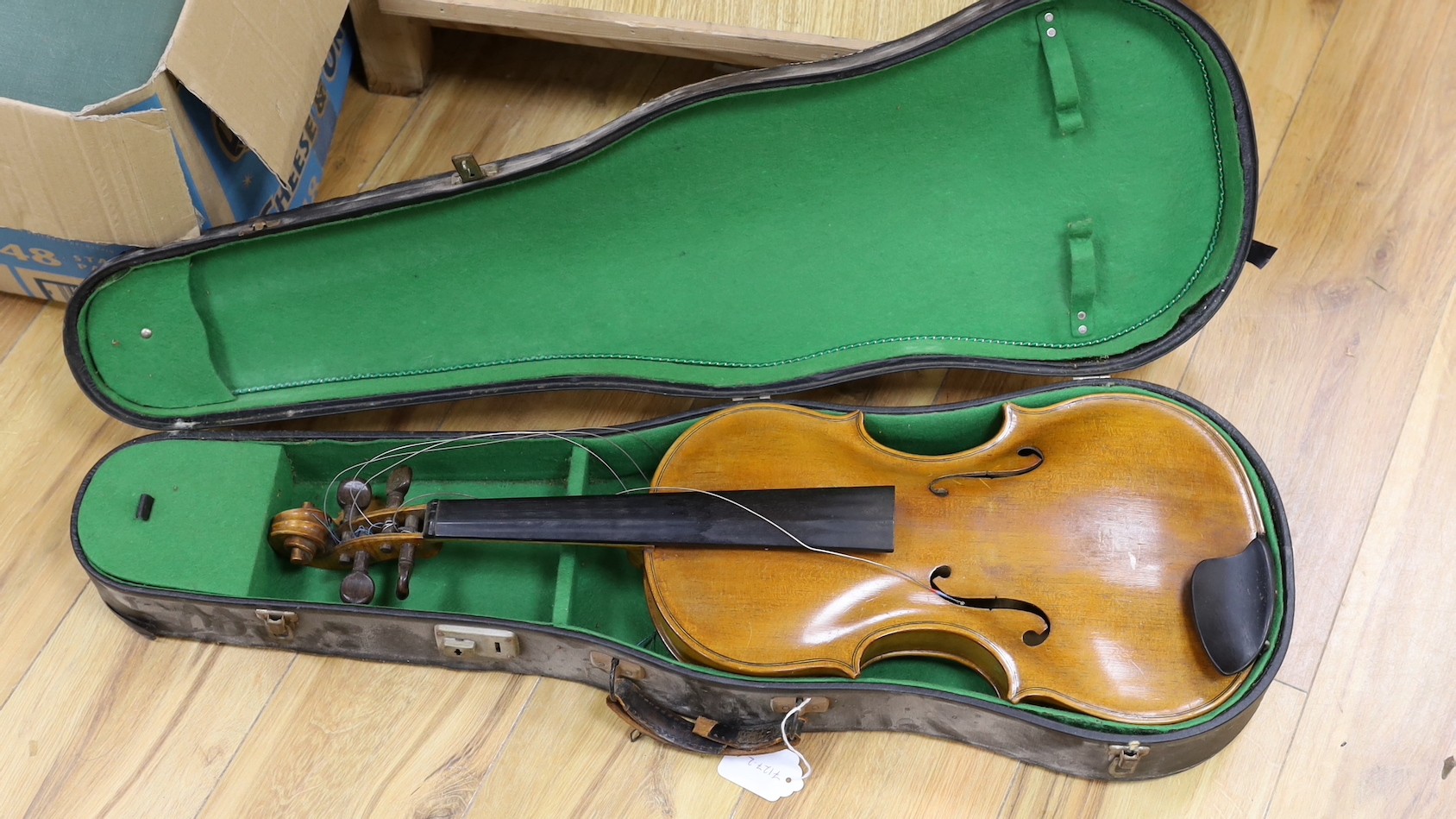 A cased viola, un-numbered, length of back 42cm